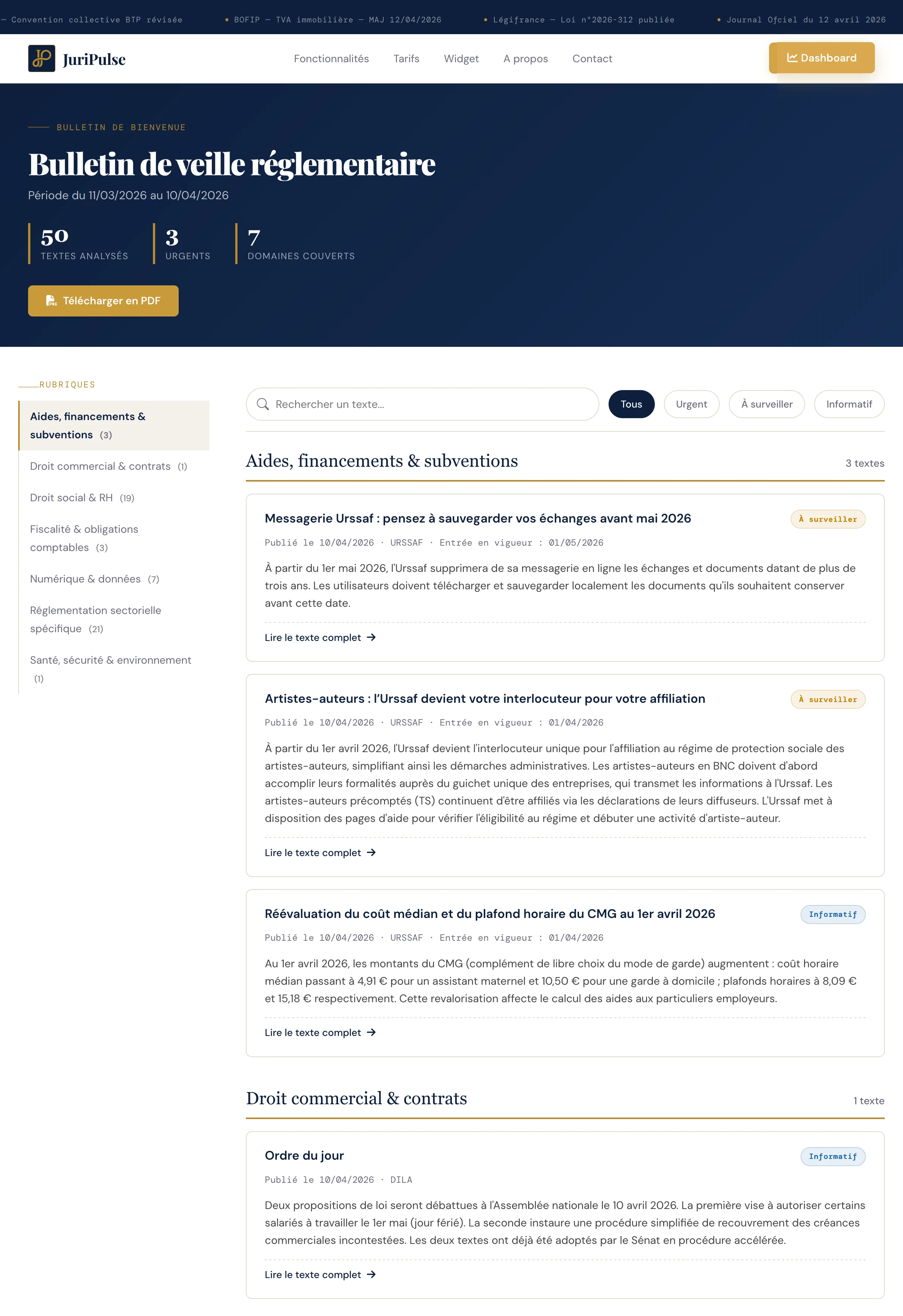 Bulletin hebdomadaire JuriPulse — email de veille réglementaire avec résumés et actions
