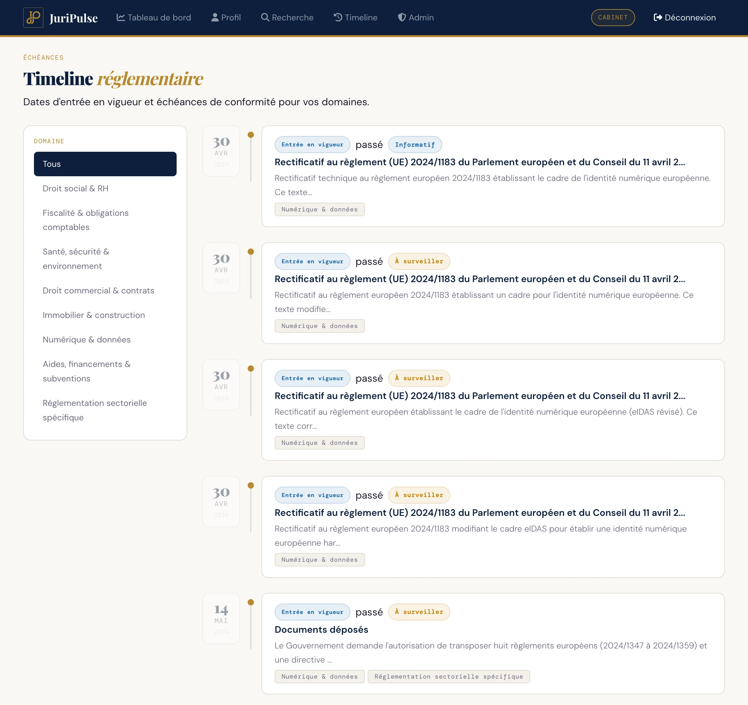 Timeline JuriPulse — échéances et dates d'effet des textes réglementaires à venir